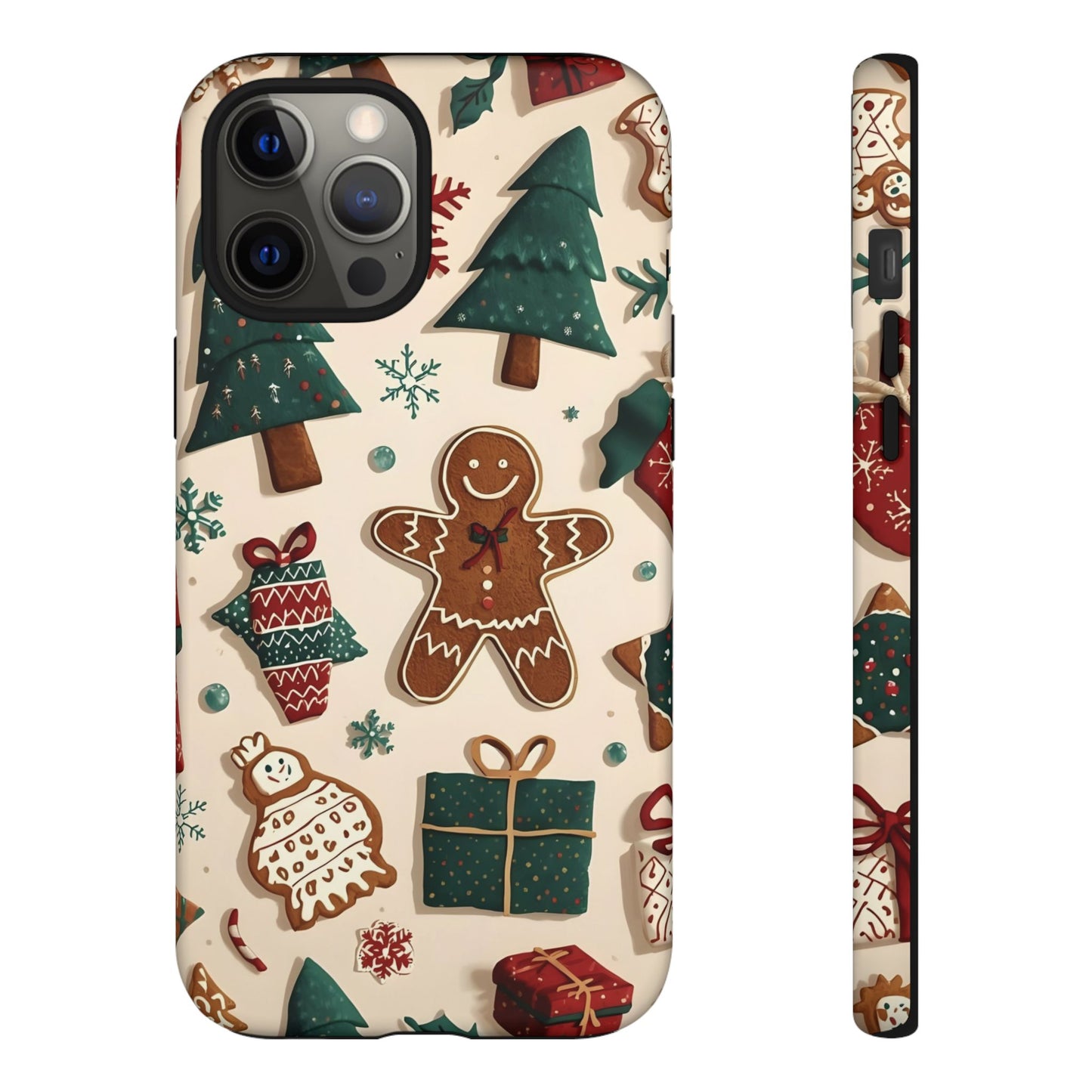 Christmas Phone Case with Gingerbread and Christmas Tree Design, Dual Layer Case for Iphone 17, 16, 15, 14, 13, 12, 11 & Samsung