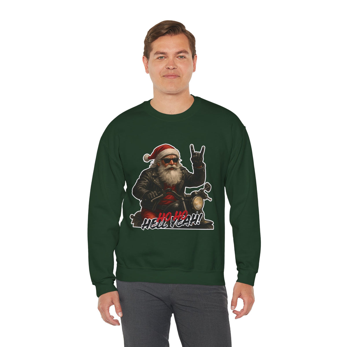 Santa Biker Crewneck Sweatshirt – 'Ho Ho Hell Yeah' Christmas Motorcycle Pullover
