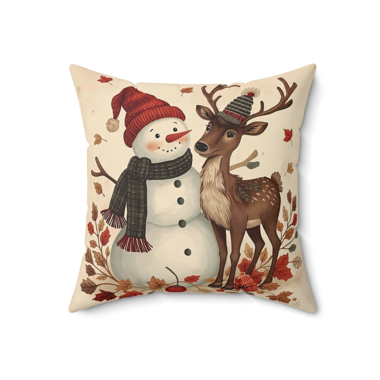 Festive Snowman & Reindeer Holiday Pillow — Cozy Christmas Decorative Throw Pillow