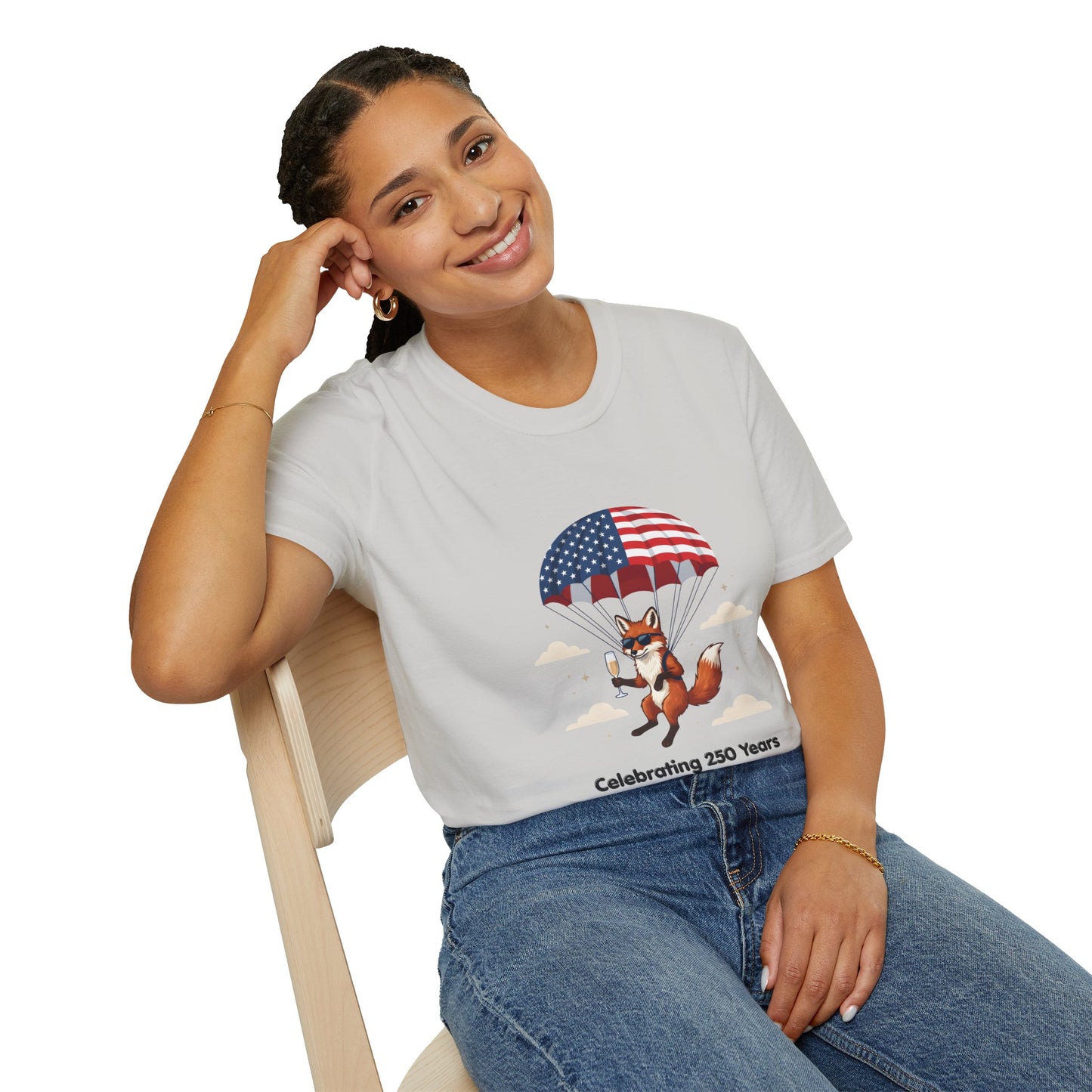 Patriotic Fox Parachute T-Shirt — "Celebrating 250 Years" Anniversary Tee