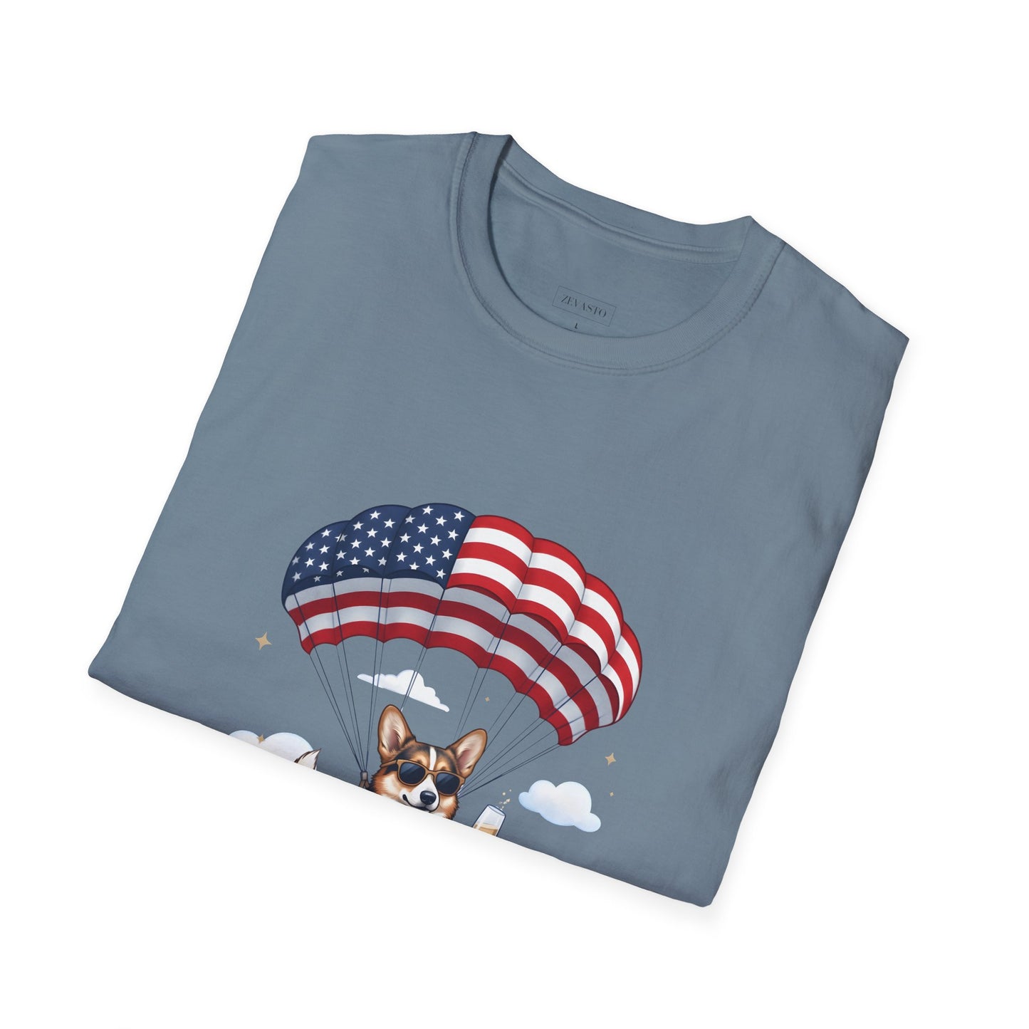Corgi Parachute American Flag T-Shirt — "Celebrating 250 Years" Patriotic Tee
