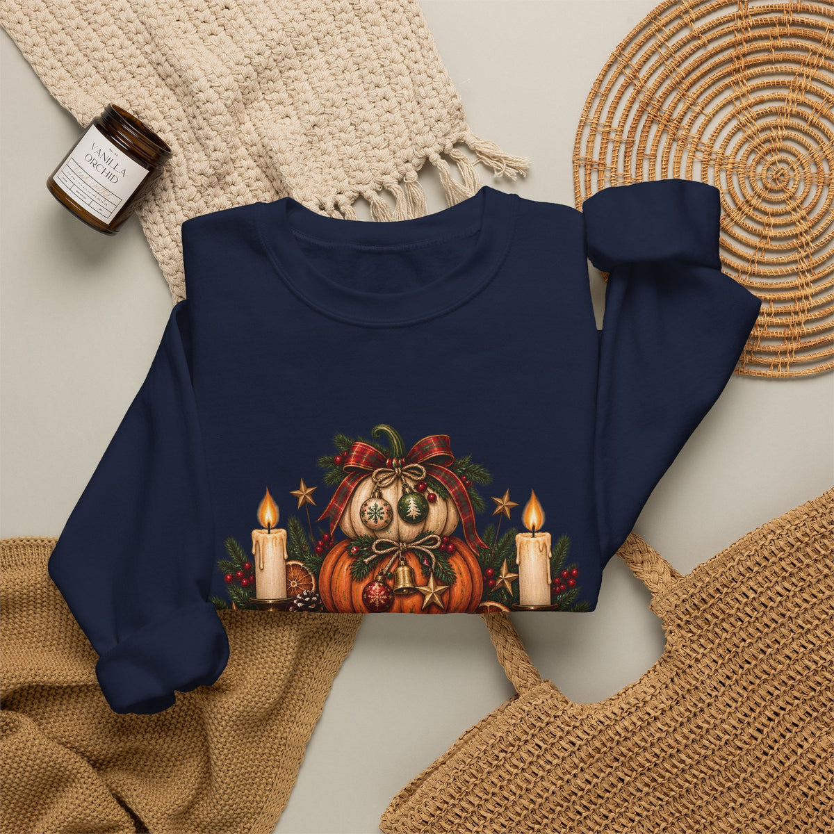 Harvest & Holly Crewneck Sweatshirt — Vintage Pumpkin Fall Graphic Sweatshirt