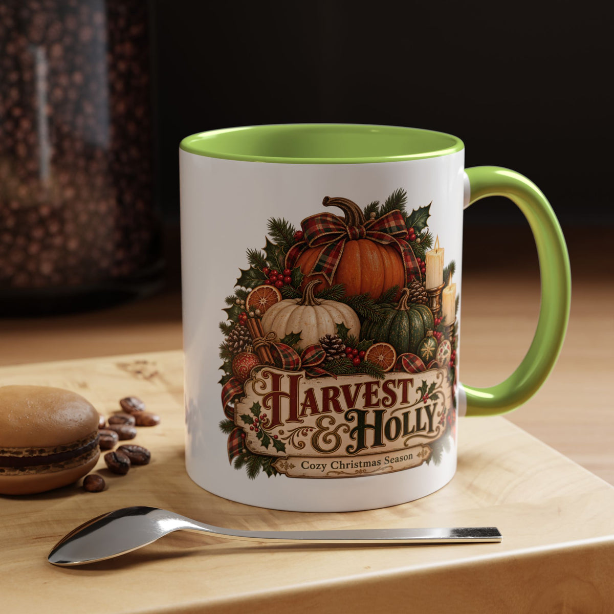 Harvest & Holly Accent Coffee Mug - Vintage Christmas Holiday Mug (11 oz)