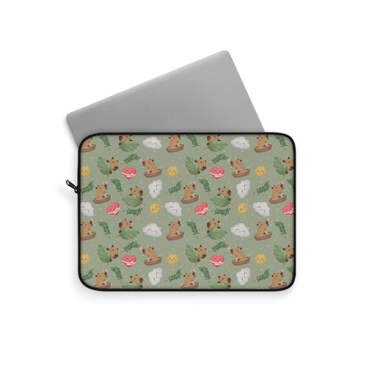 Cute Woodland Animals Laptop Sleeve — Green Pattern with Capybaras, Hearts & Clouds