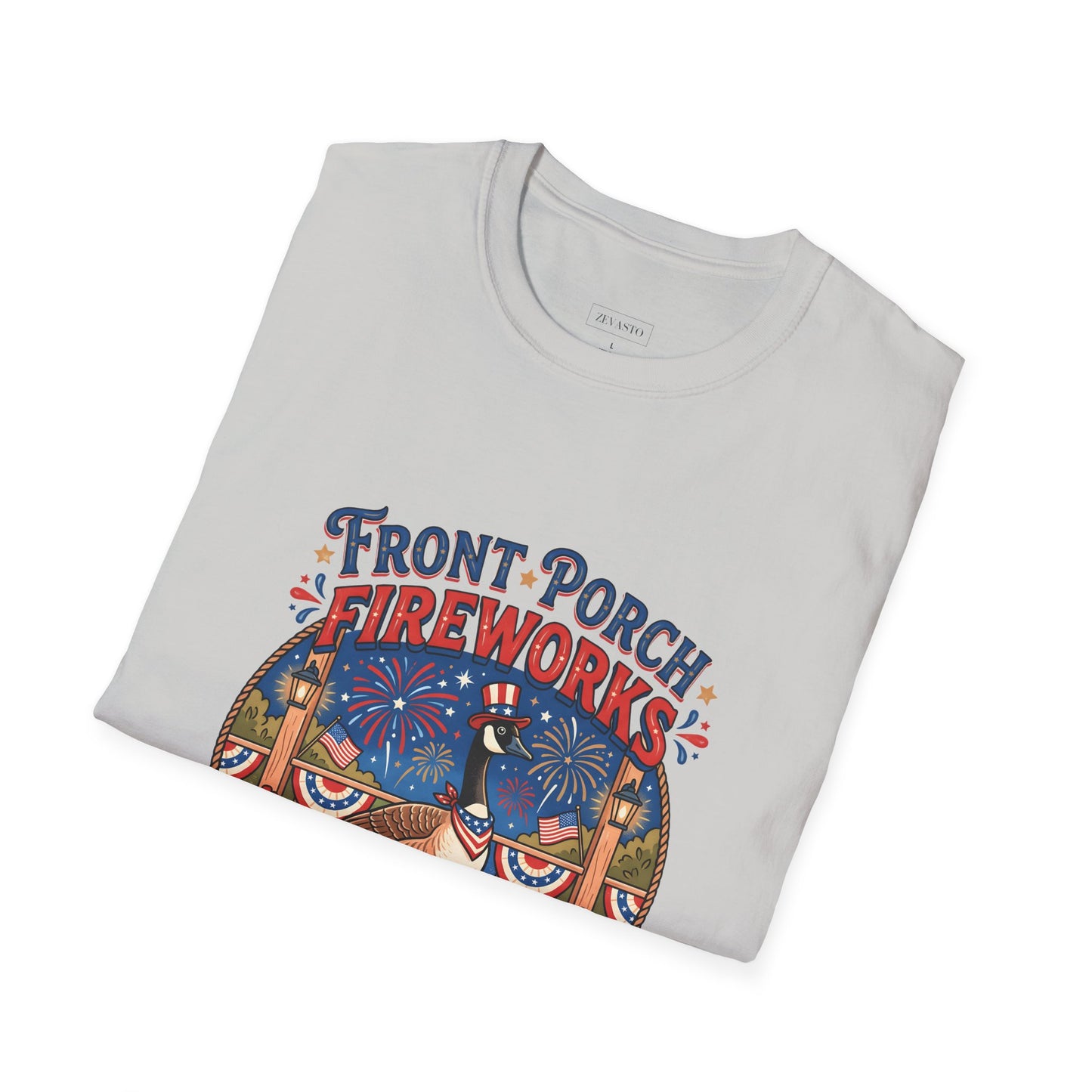 Front Porch Fireworks, Goose T-Shirt — Patriotic 4th of July Celebration Tee