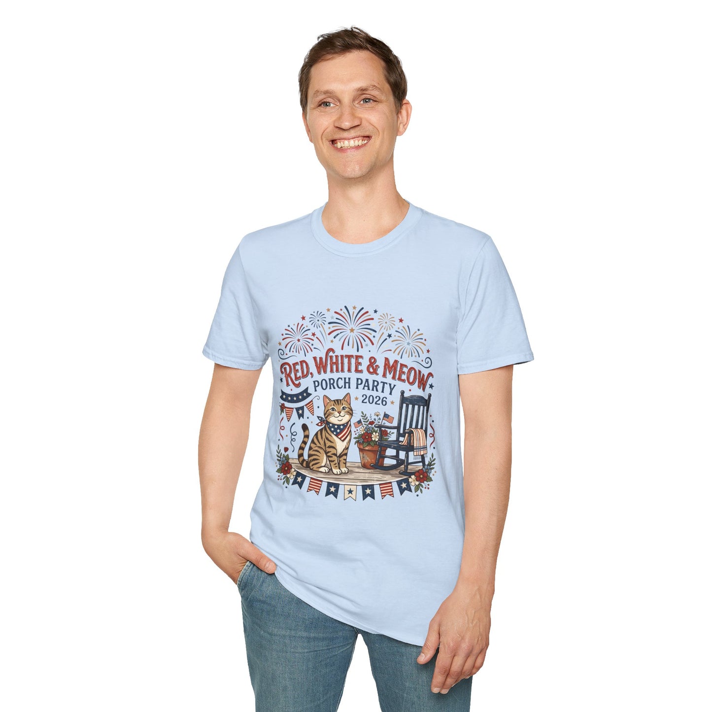 Red, White & Meow Porch Party T-Shirt — 2026 Patriotic Cat Tee, 4th of July Shirt, Independence Day Gift