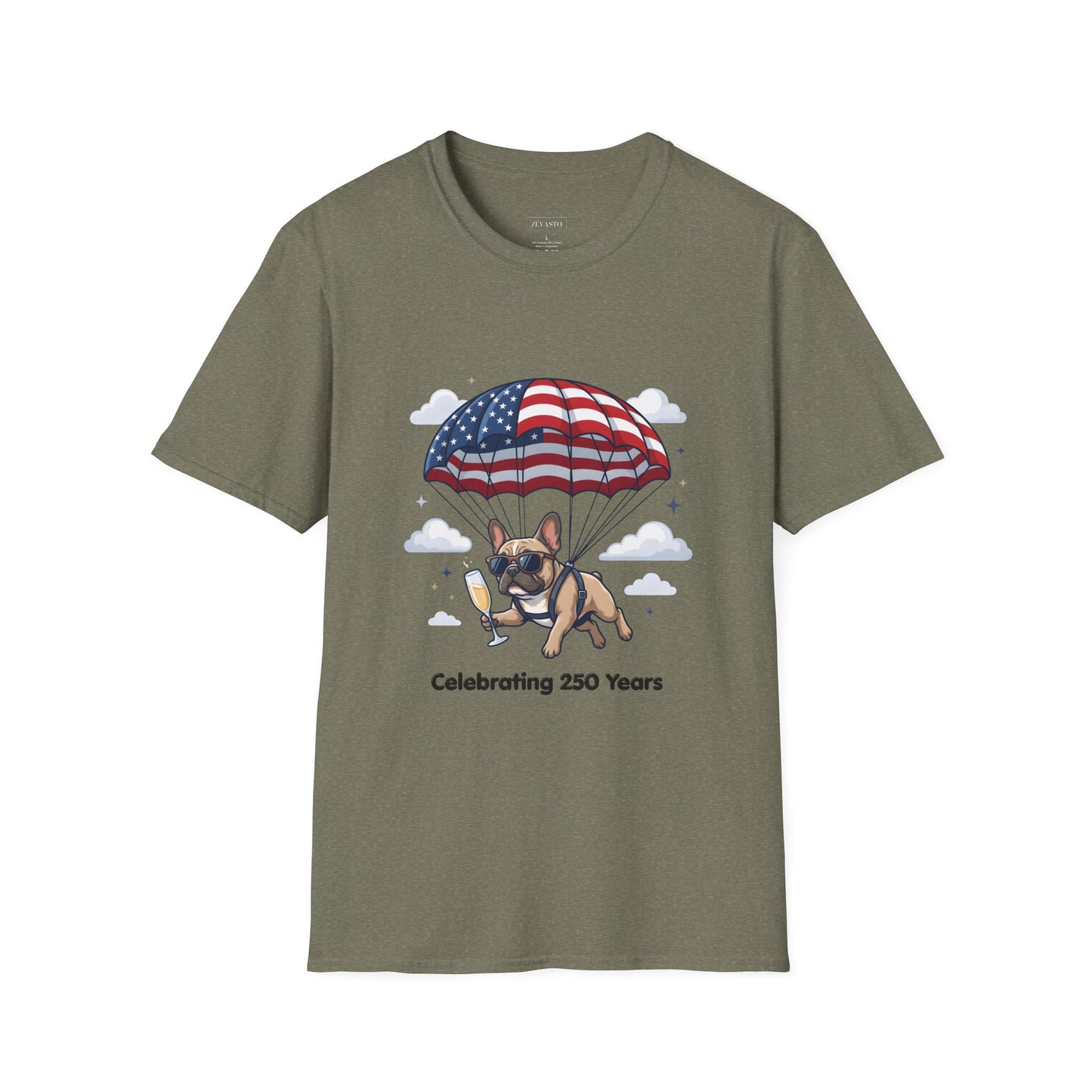 Patriotic French Bulldog T-Shirt — "Celebrating 250 Years" Parachute Design