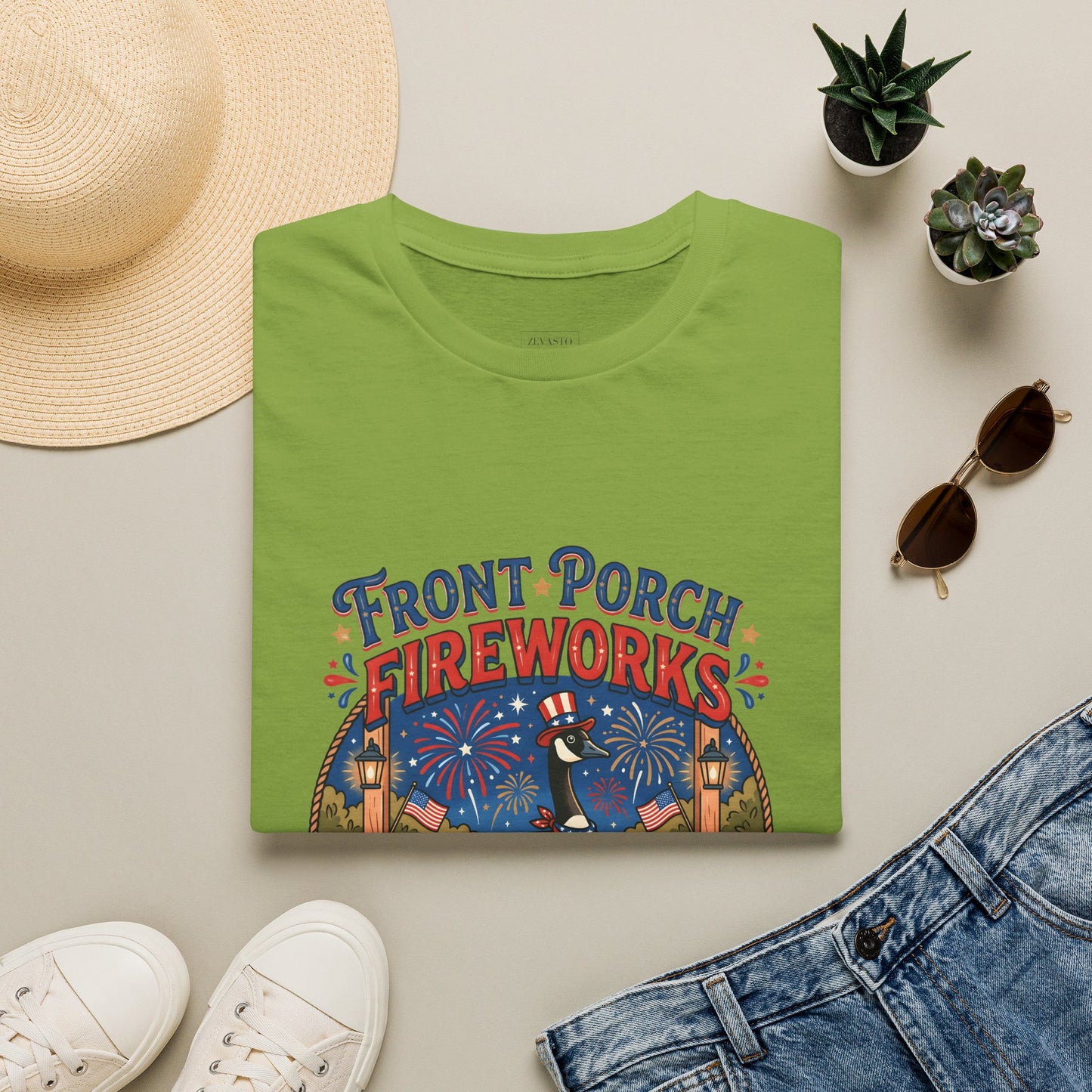 Front Porch Fireworks, Goose T-Shirt — Patriotic 4th of July Celebration Tee