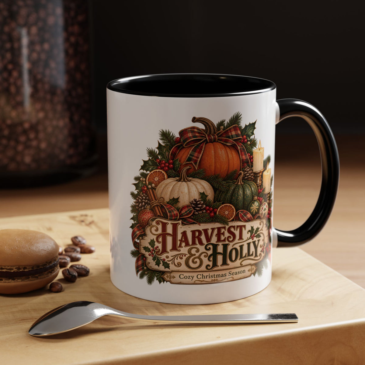 Harvest & Holly Accent Coffee Mug - Vintage Christmas Holiday Mug (11 oz)