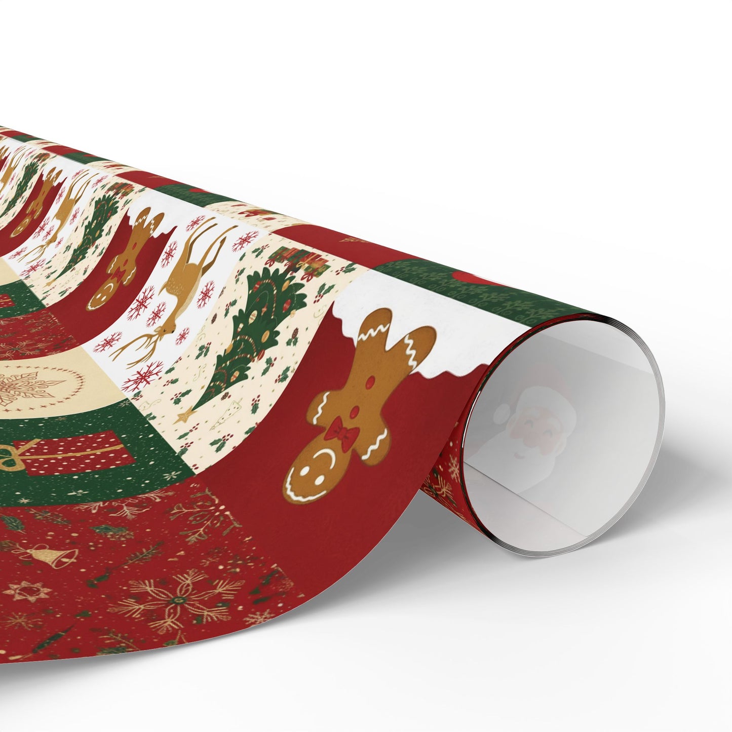 Christmas Patchwork Wrapping Paper Roll — Gingerbread, Trees & Red Green Christmas Pattern