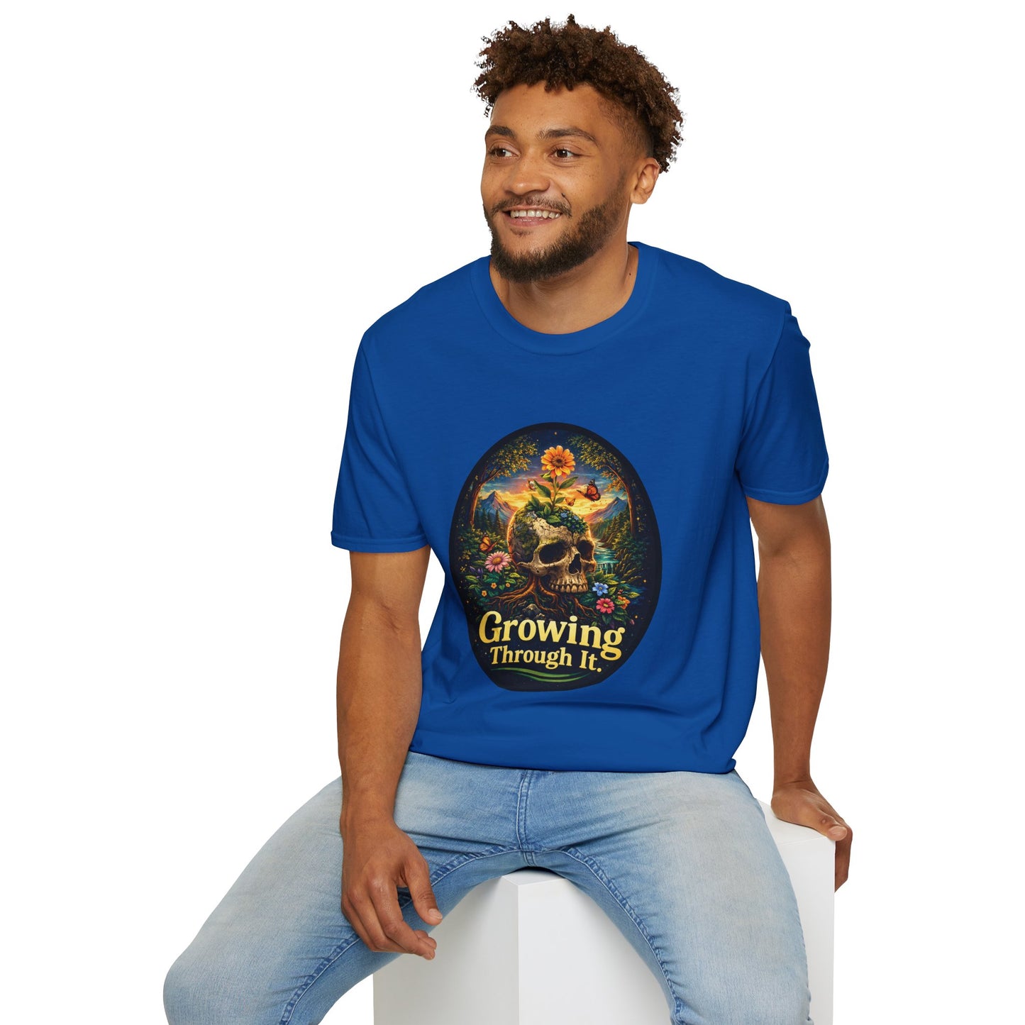 Growing Through It T-Shirt – Earth Day Nature Skull Graphic Tee | Mental Growth & Healing Shirt | Botanical Aesthetic Unisex Tee