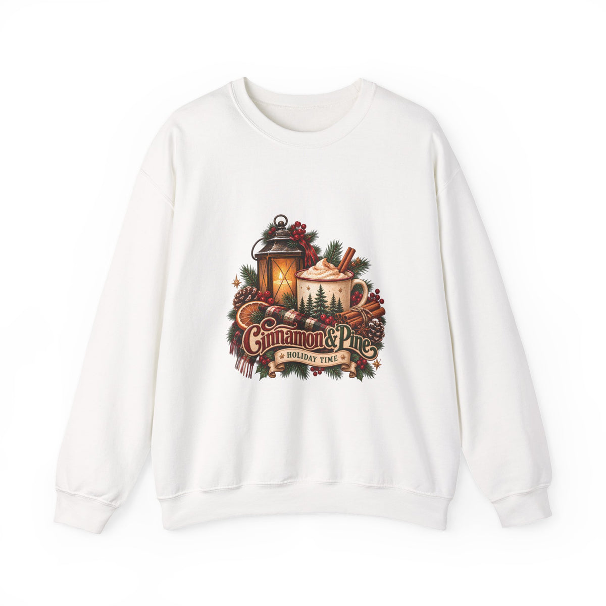 Cinnamon & Pine Crewneck Sweatshirt — Cozy Holiday Lantern Design Sweatshirt