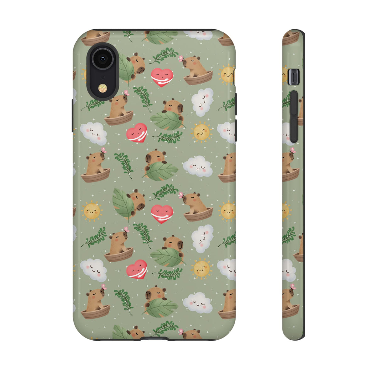 Cute Capybara Pattern Phone Case — Green Botanical Tough Case