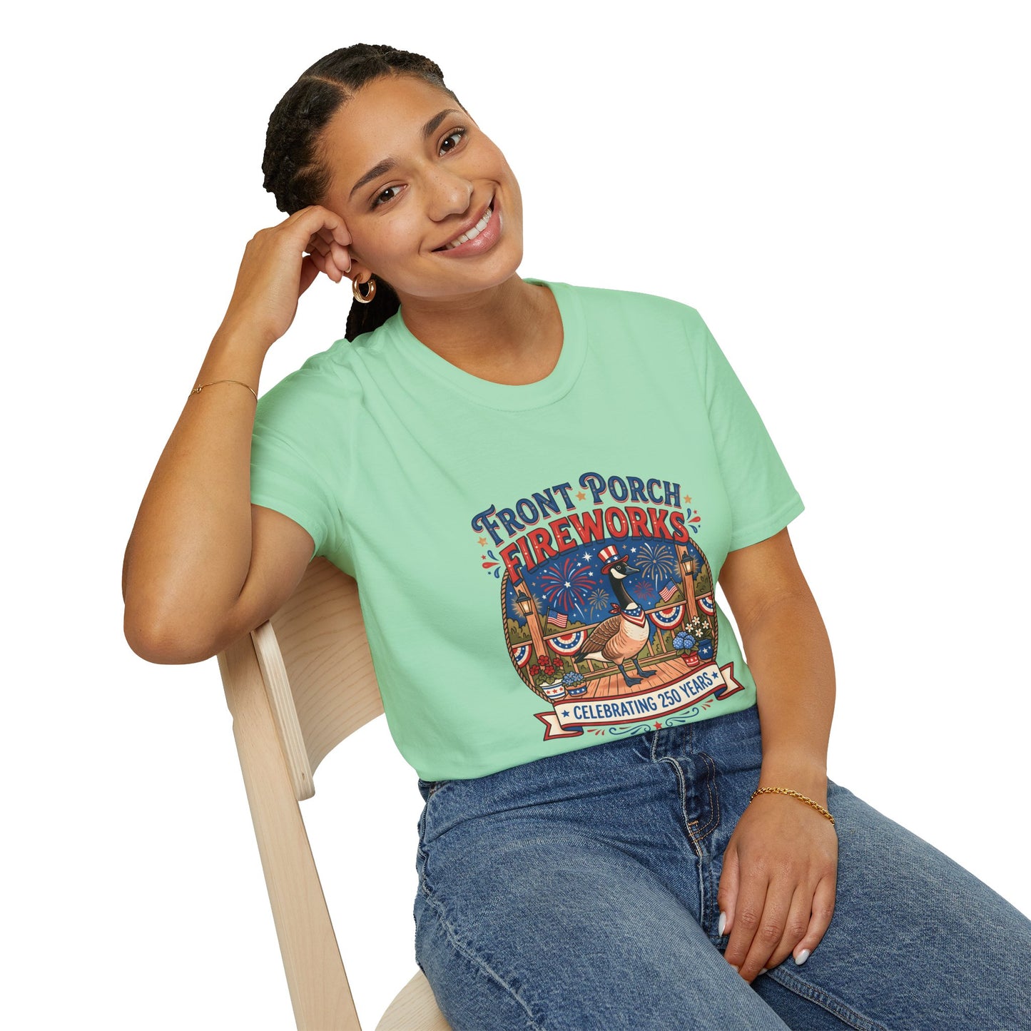 Front Porch Fireworks, Goose T-Shirt — Patriotic 4th of July Celebration Tee