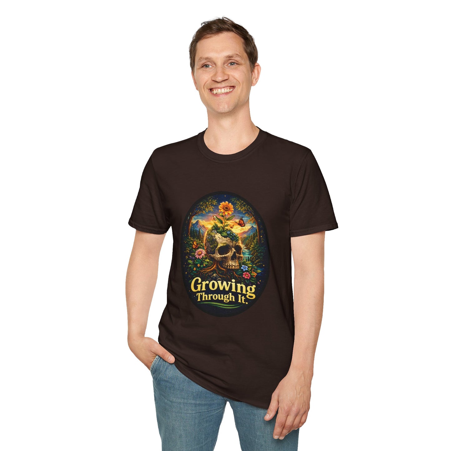 Growing Through It T-Shirt – Earth Day Nature Skull Graphic Tee | Mental Growth & Healing Shirt | Botanical Aesthetic Unisex Tee