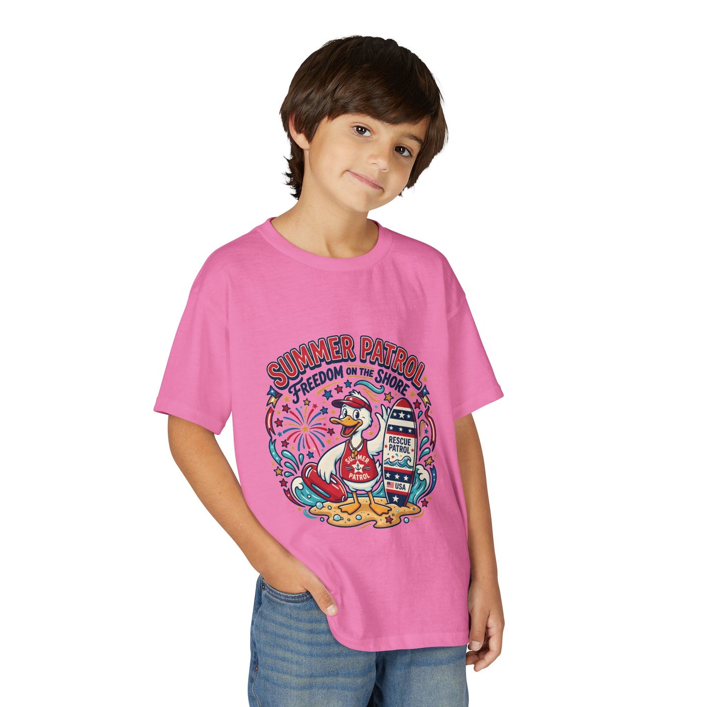Summer Patrol Kids T‑Shirt — Lifeguard Duck Beach Graphic, 4th of July Tee