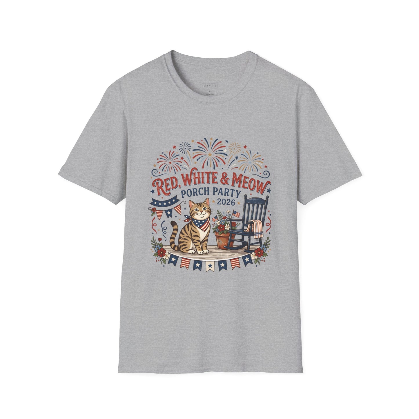 Red, White & Meow Porch Party T-Shirt — 2026 Patriotic Cat Tee, 4th of July Shirt, Independence Day Gift