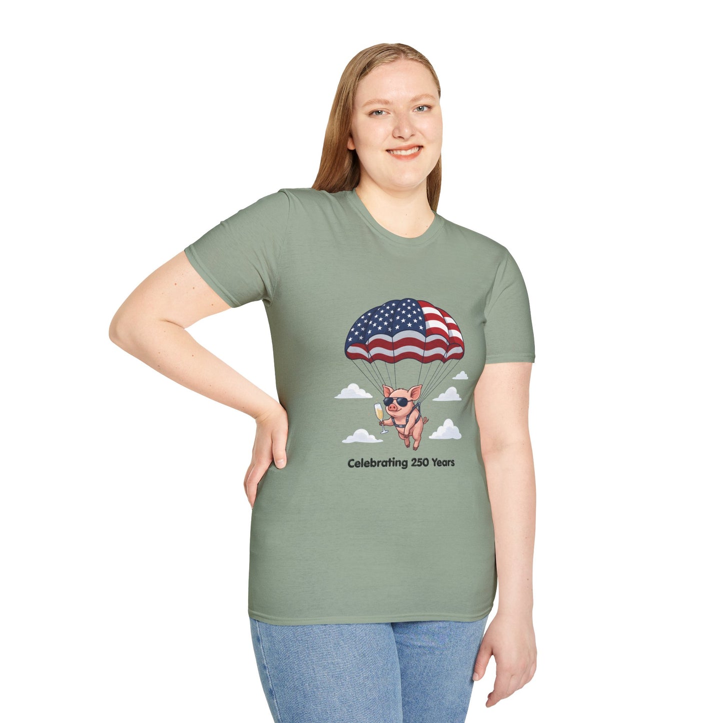 Patriotic Parachuting Piglet T-shirt - “Celebrating 250 Years”