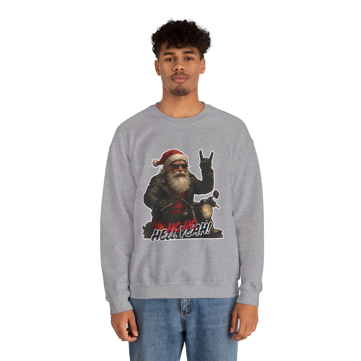 Santa Biker Crewneck Sweatshirt – 'Ho Ho Hell Yeah' Christmas Motorcycle Pullover