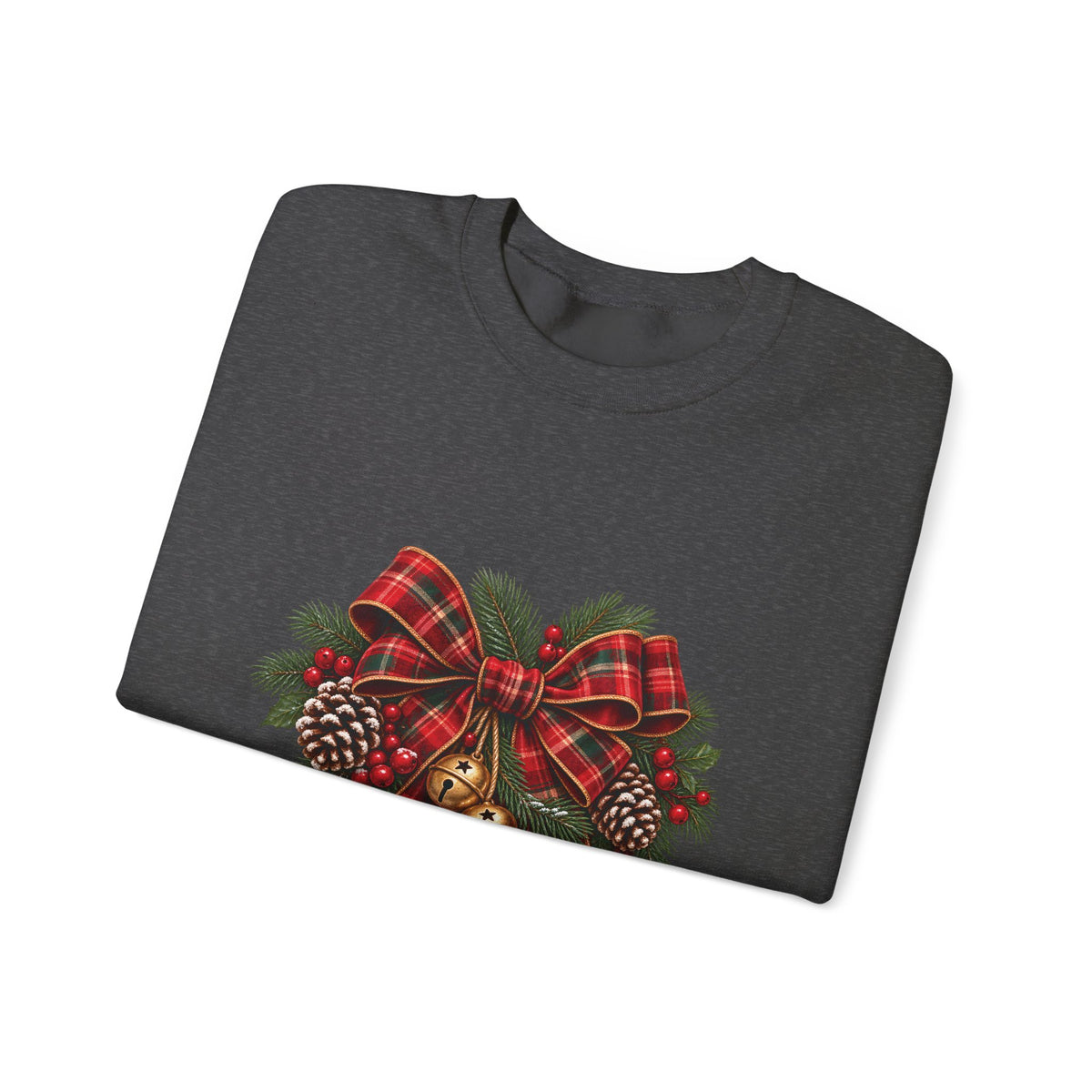 Christmas Plaid Bow Sweatshirt - Holiday Pinecone & Jingle Bells Crewneck