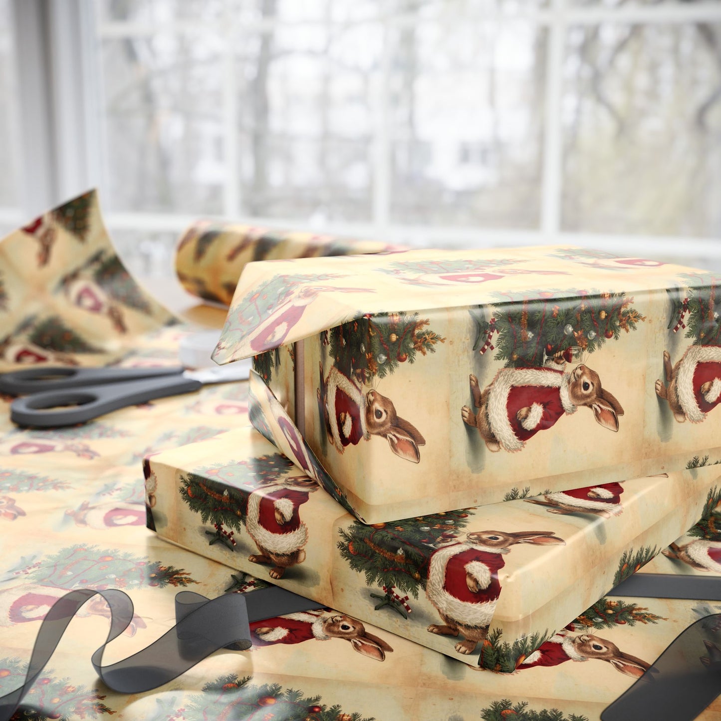Vintage Christmas Wrapping Paper Roll - Vintage Holiday Gift Wrap with Bunny Design