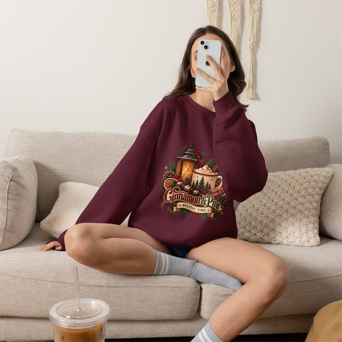 Cinnamon & Pine Crewneck Sweatshirt — Cozy Holiday Lantern Design Sweatshirt