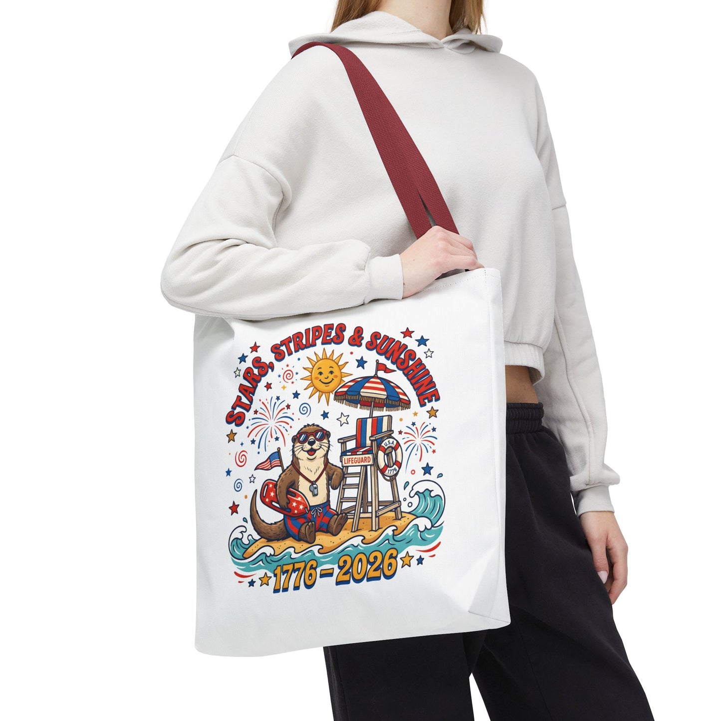 Stars, Stripes & Sunshine Tote Bag — 1776–2026 Patriotic Summer Beach Tote, 4th of July Tote