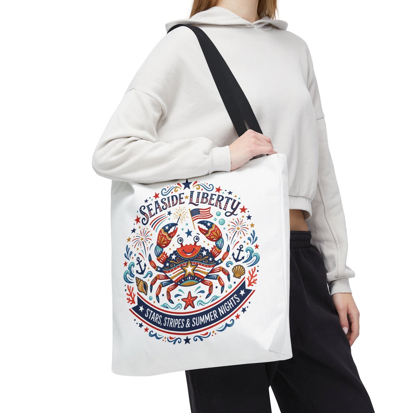 Seaside Liberty Tote Bag — 4th of July, Patriotic Bag "Stars, Stripes & Summer Nights"