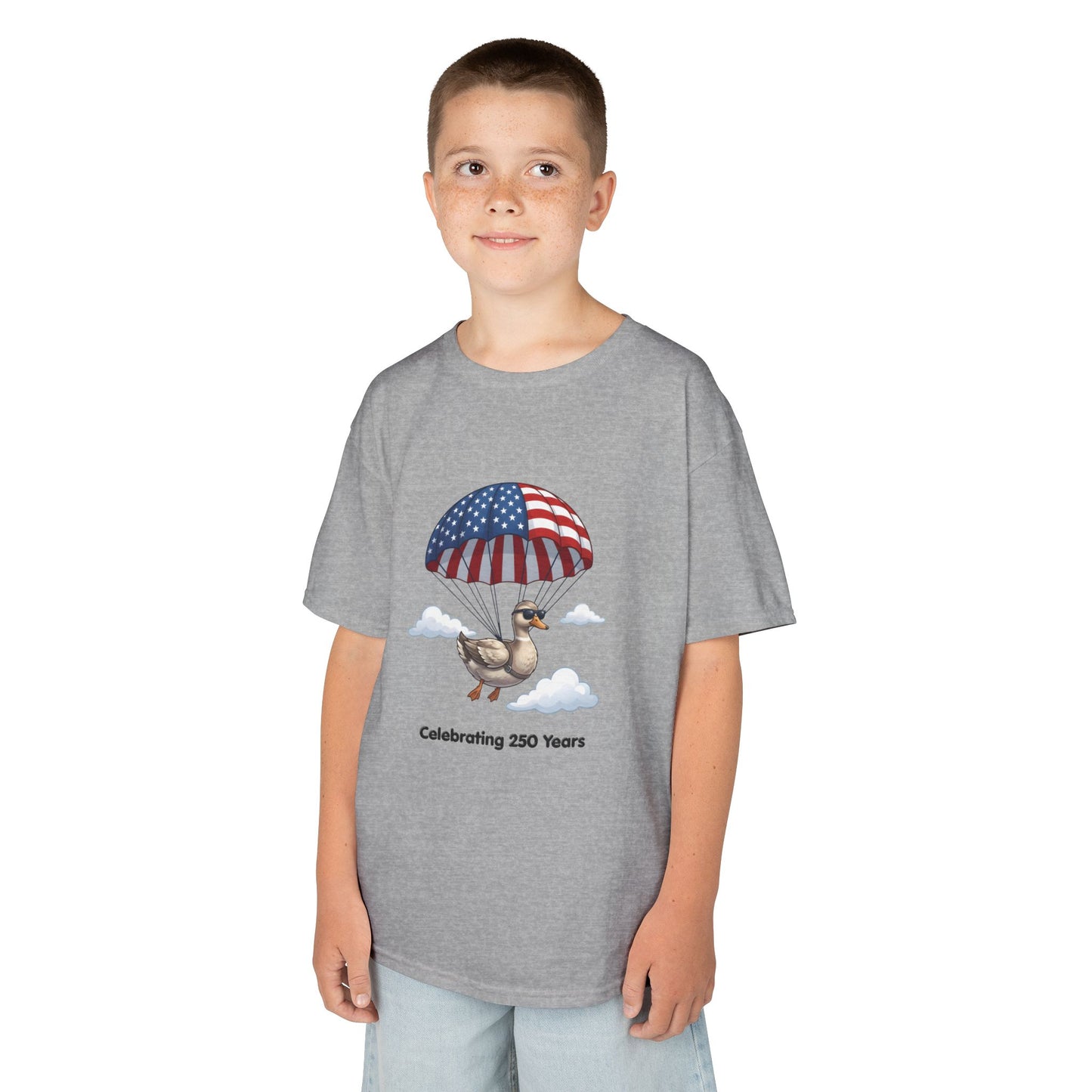 Kids Tee — Parachuting Duck, "Celebrating 250 Years"