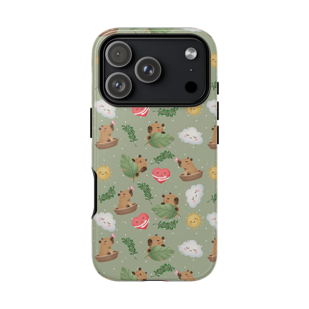 Cute Capybara Pattern Phone Case — Green Botanical Tough Case