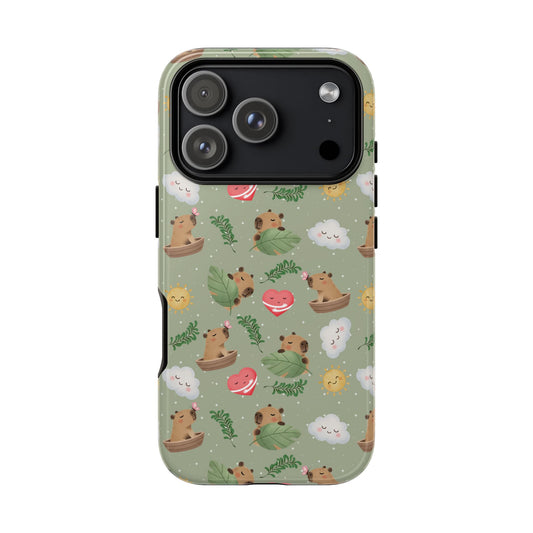 Cute Capybara Pattern Phone Case — Green Botanical Tough Case