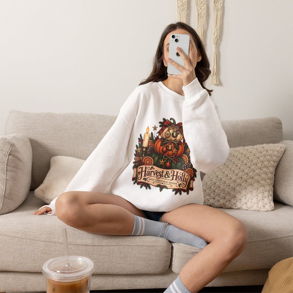 Harvest & Holly Crewneck Sweatshirt — Vintage Pumpkin Fall Graphic Sweatshirt