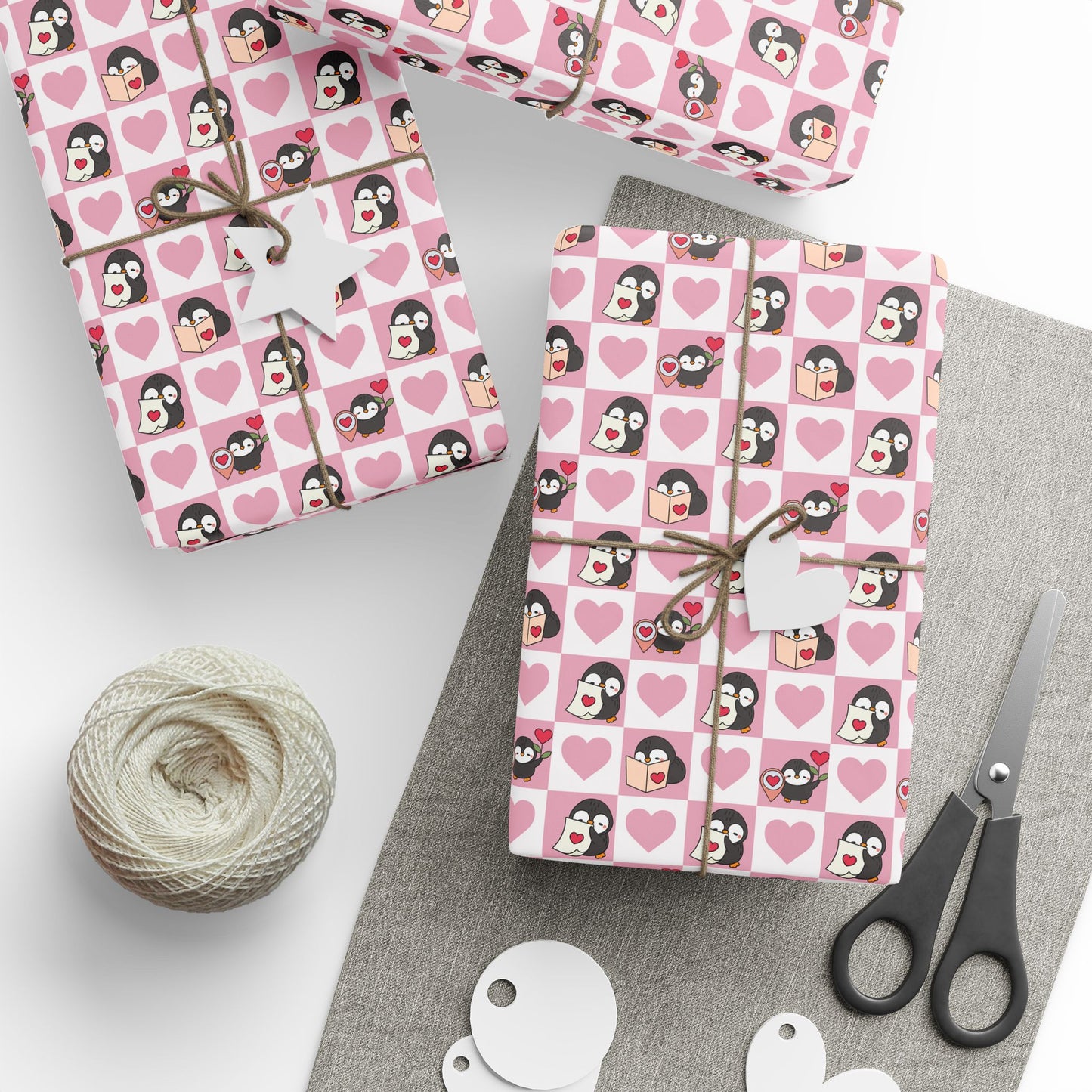 Penguin Hearts Wrapping Paper Roll — Pink Valentine Gift Wrap