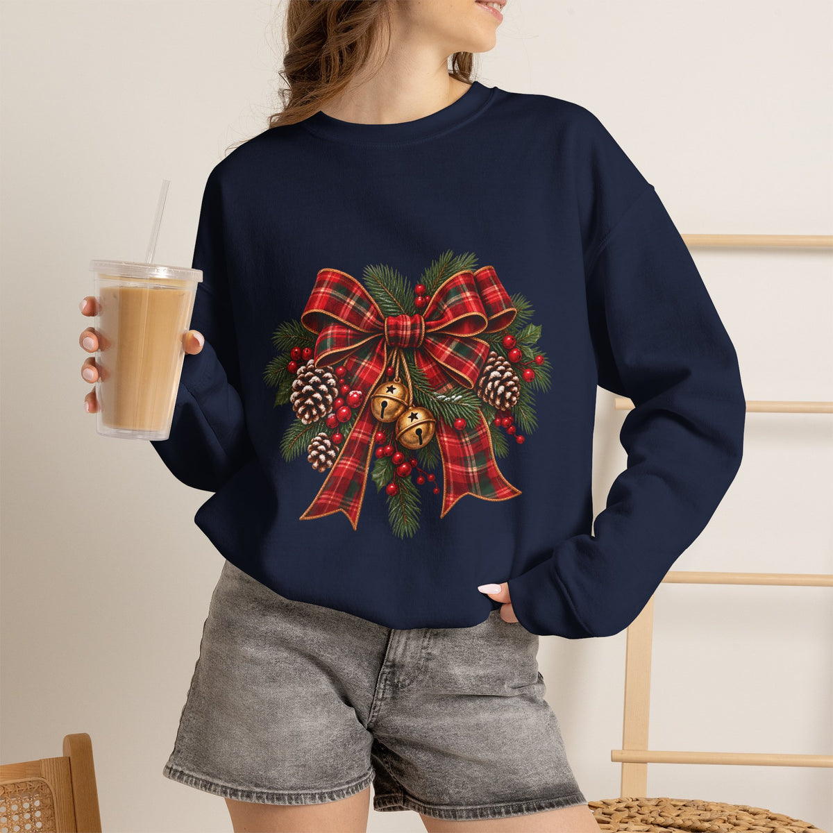 Christmas Plaid Bow Sweatshirt - Holiday Pinecone & Jingle Bells Crewneck