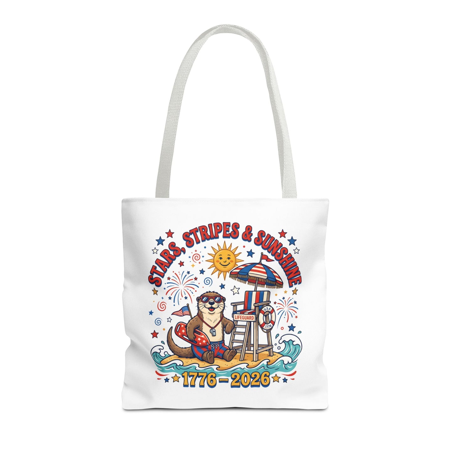 Stars, Stripes & Sunshine Tote Bag — 1776–2026 Patriotic Summer Beach Tote, 4th of July Tote