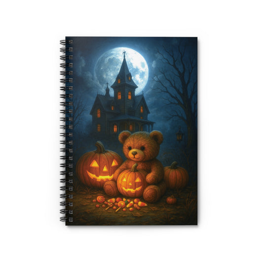 Halloween Themed Spiral Notebook - Cozy Teddy Bear & Pumpkins