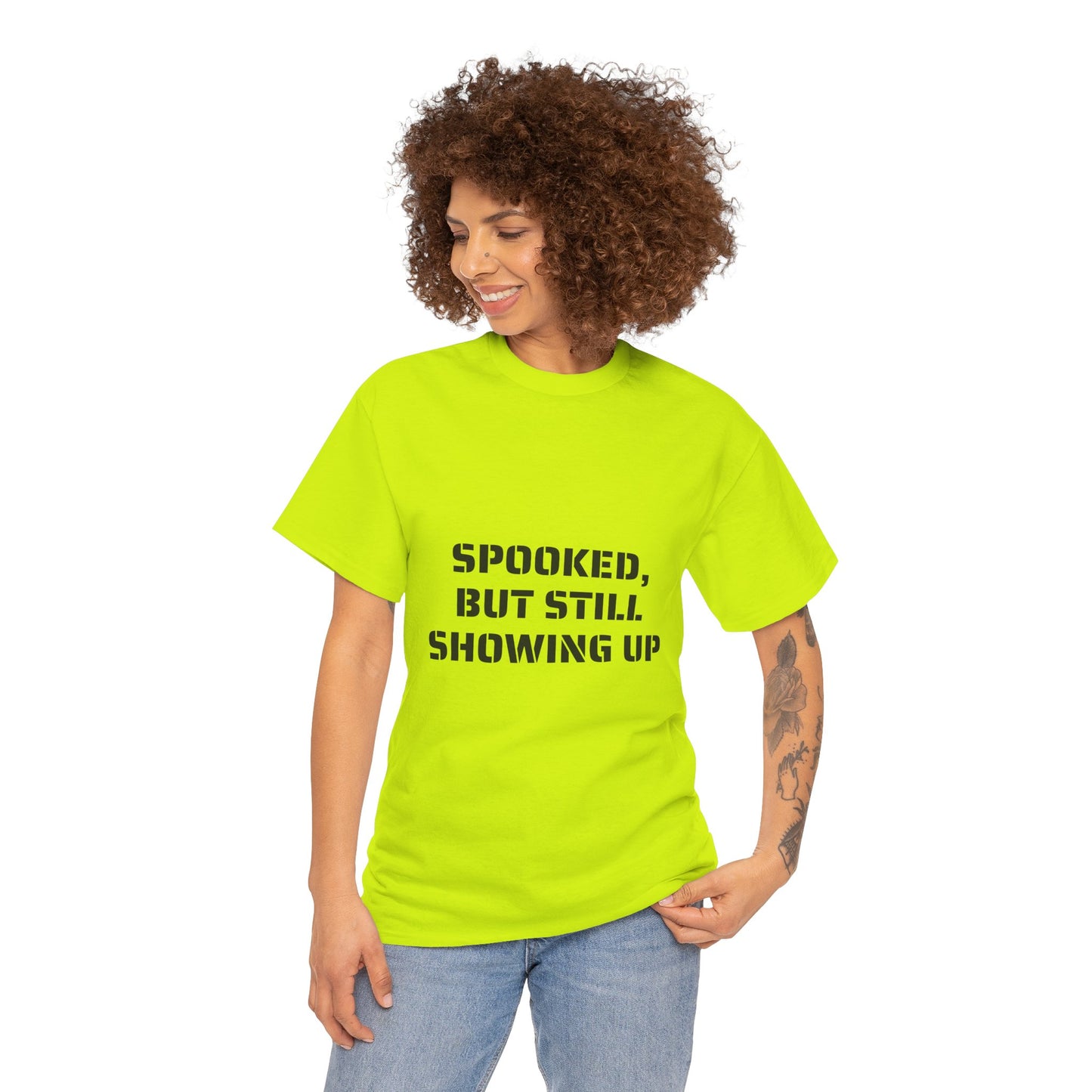 Spooked, But Still Showing Up Unisex Heavy Cotton Tee | Halloween, Funny T-Shirt