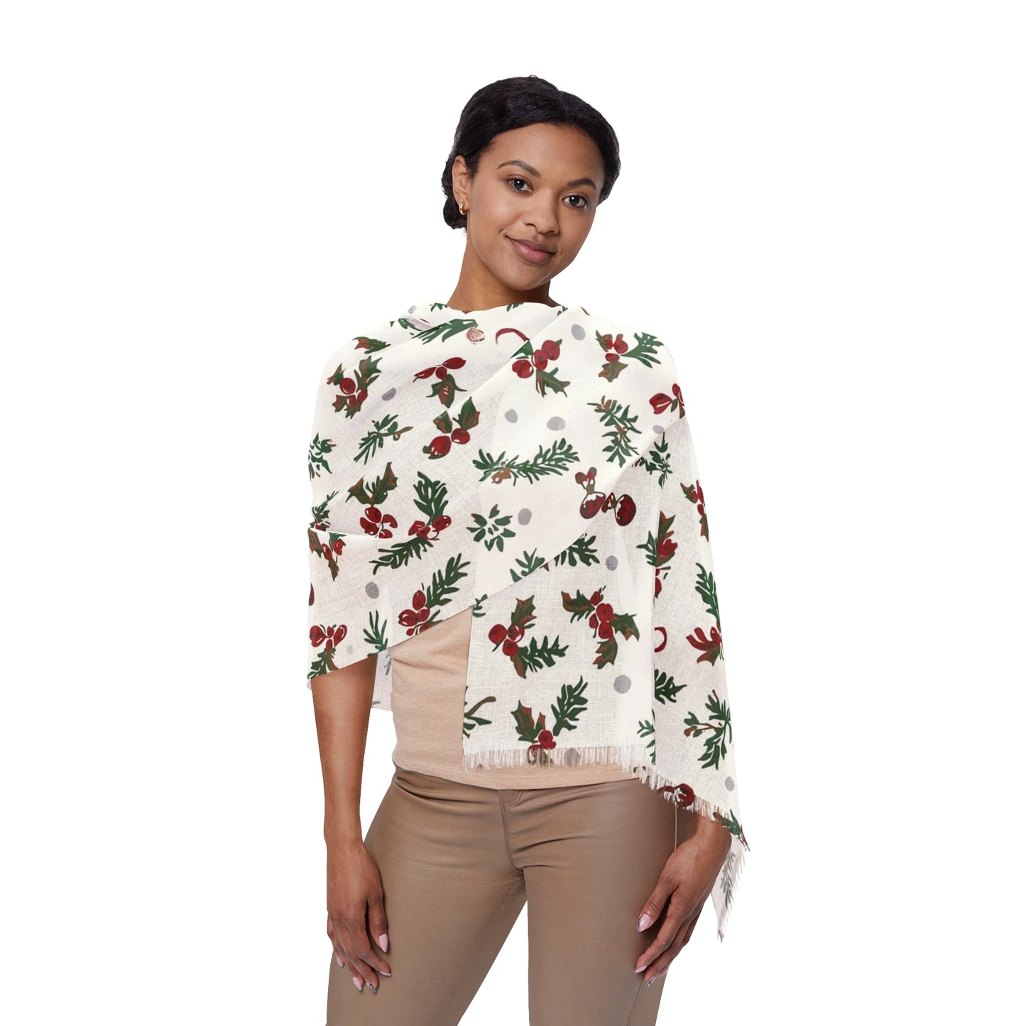 Christmas Themed Scarf, Festive Winter Light Scarf with Candy Cane and Holly Design