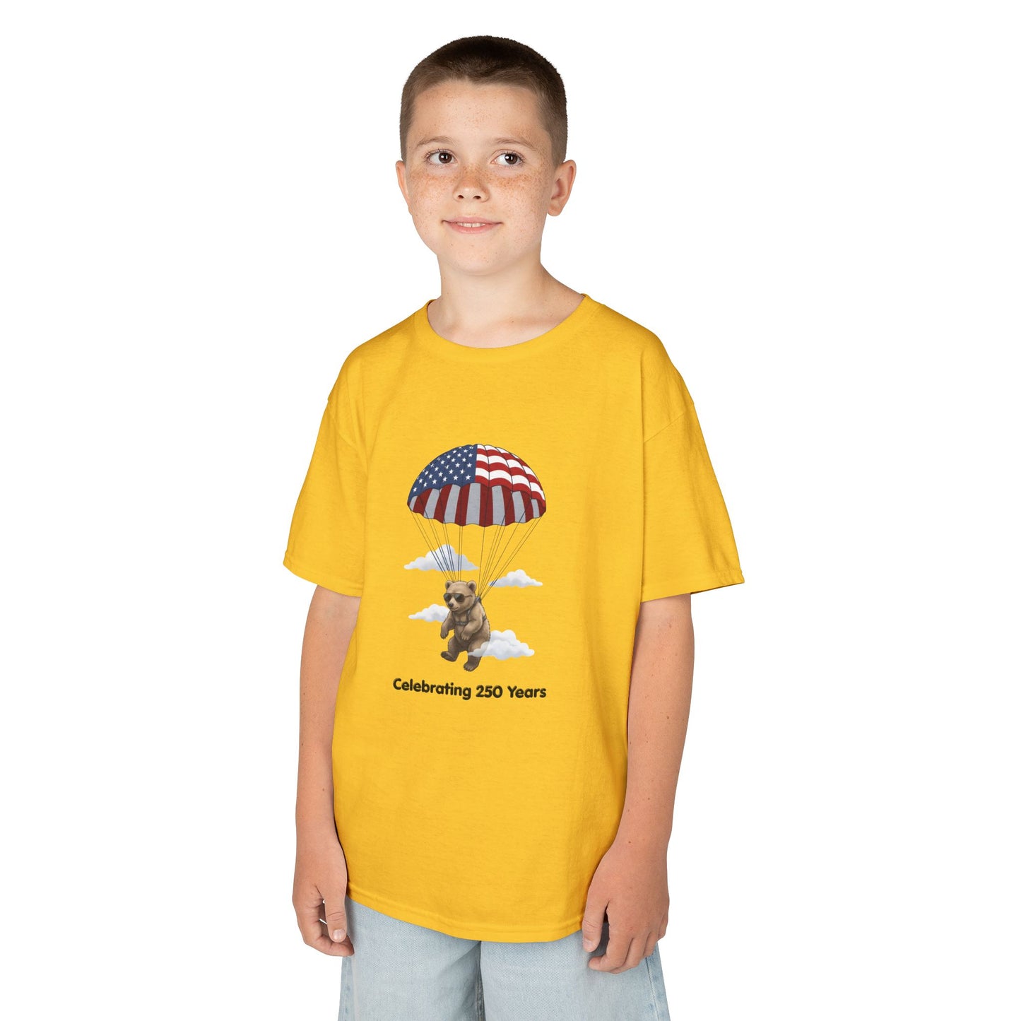 Kids Tee — Patriotic Parachute Bear "Celebrating 250 Years"