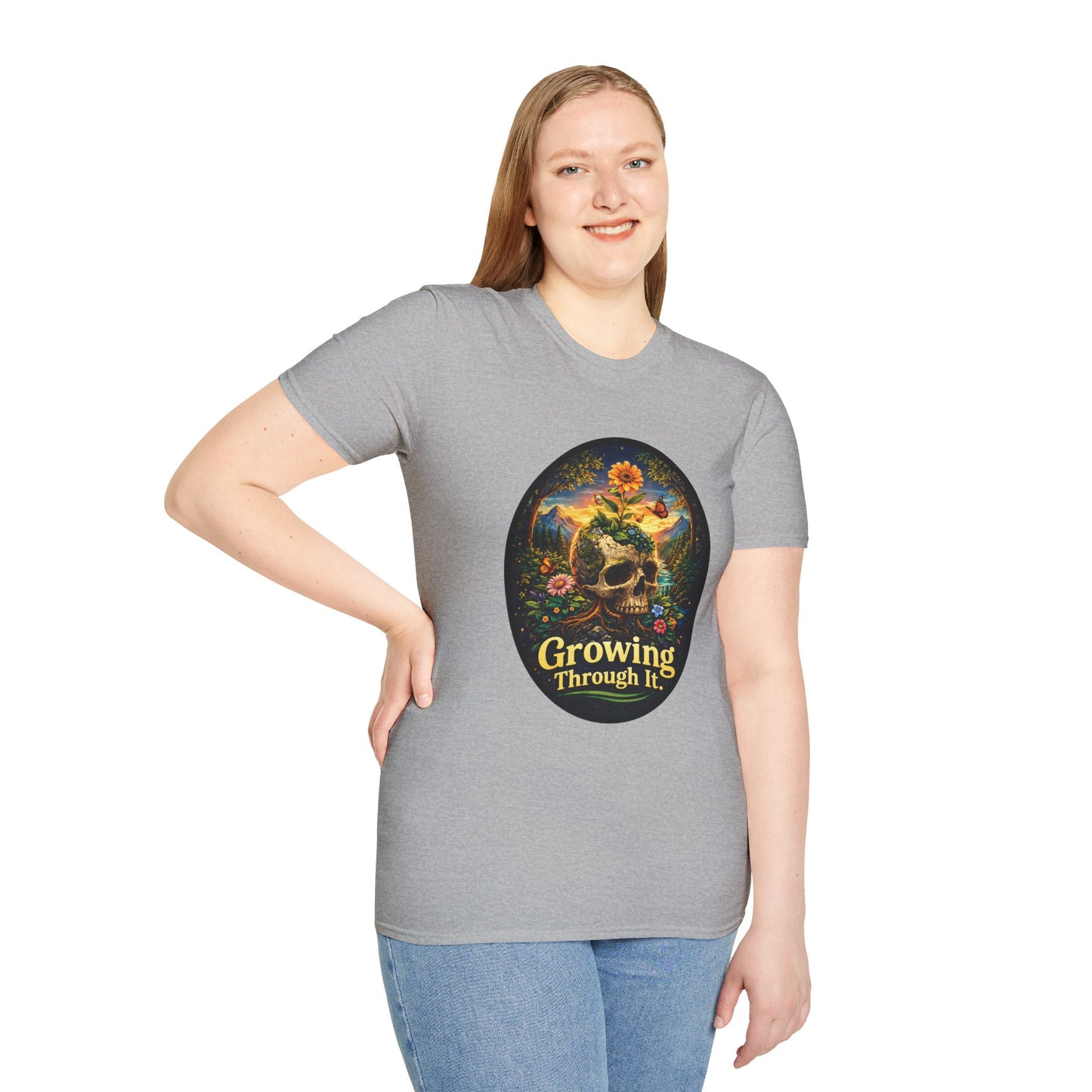 Growing Through It T-Shirt – Earth Day Nature Skull Graphic Tee | Mental Growth & Healing Shirt | Botanical Aesthetic Unisex Tee