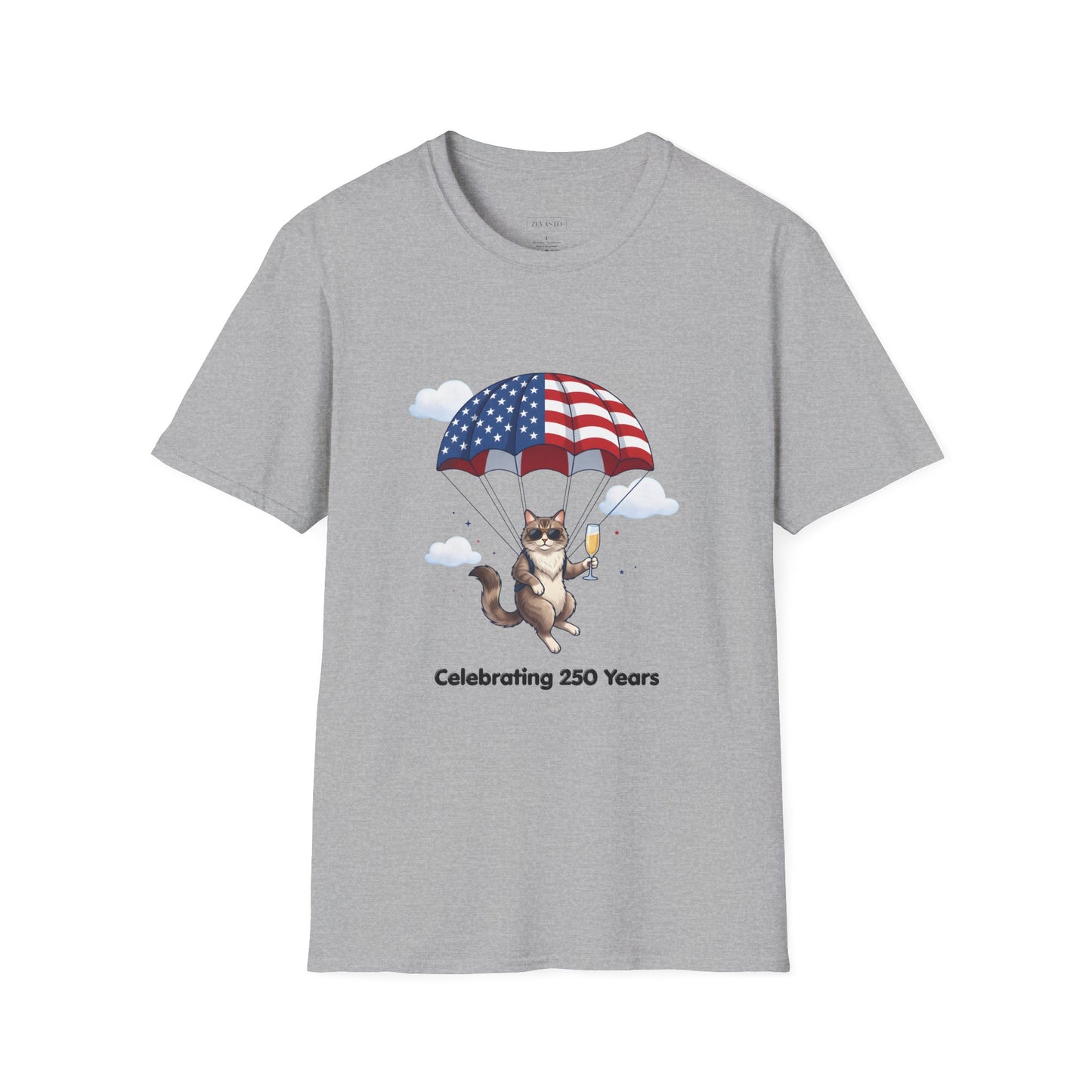 Patriotic Cat Parachute T-Shirt — "Celebrating 250 Years" 4th of July Tee