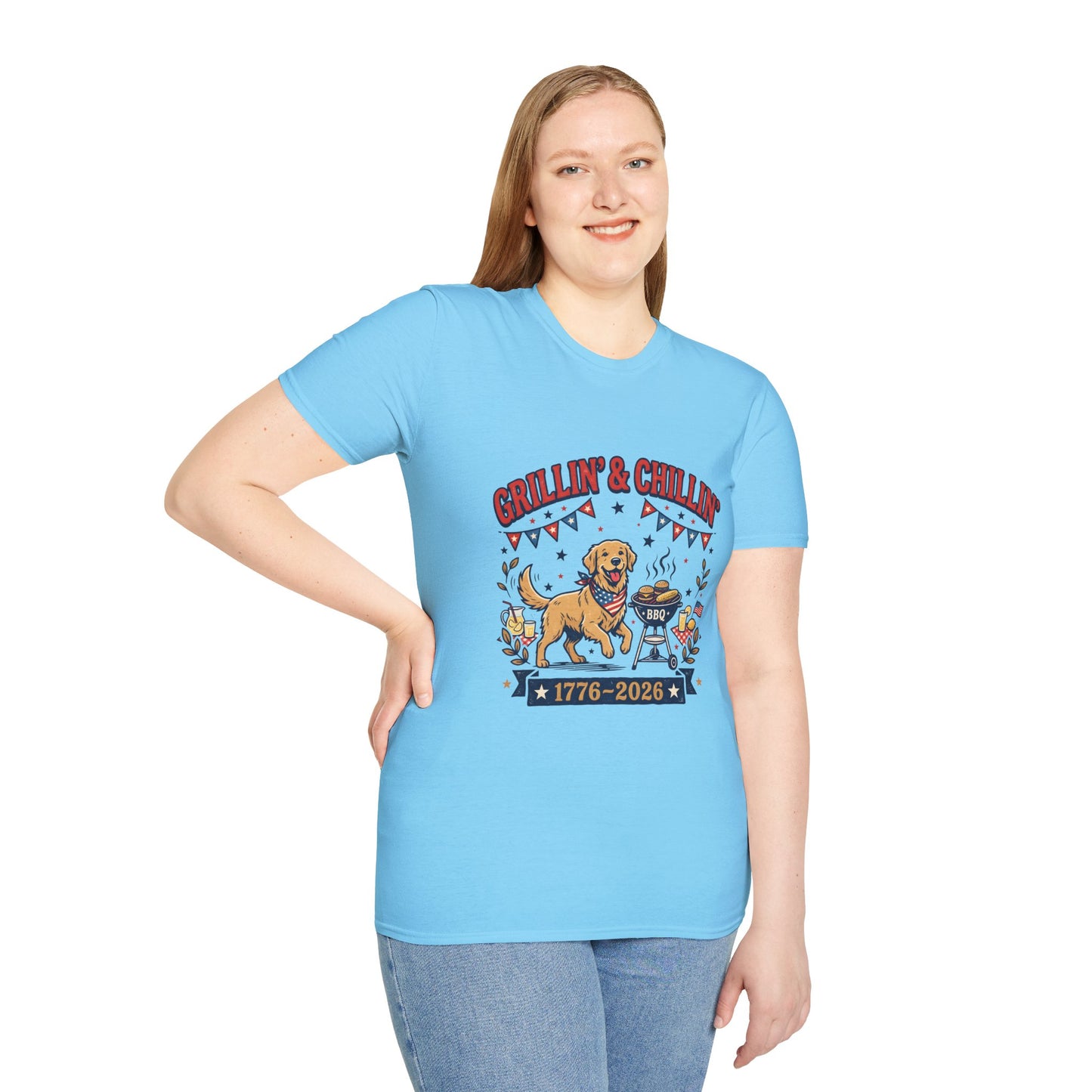 Grillin' & Chillin' BBQ Dog T-Shirt — 1776-2026 Patriotic Summer Tee, 4th of July Shirt, Independence Day Tee