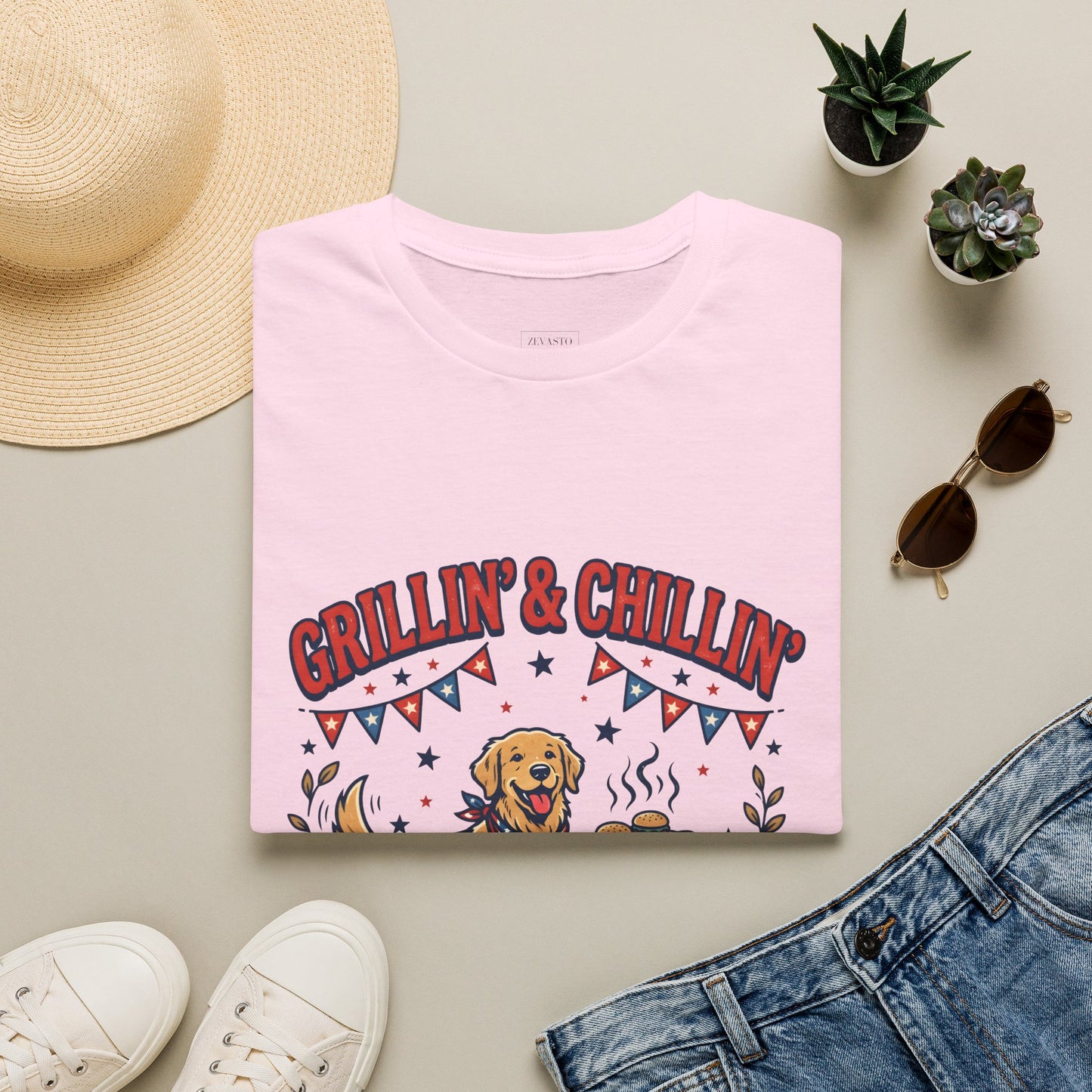 Grillin' & Chillin' BBQ Dog T-Shirt — 1776-2026 Patriotic Summer Tee, 4th of July Shirt, Independence Day Tee