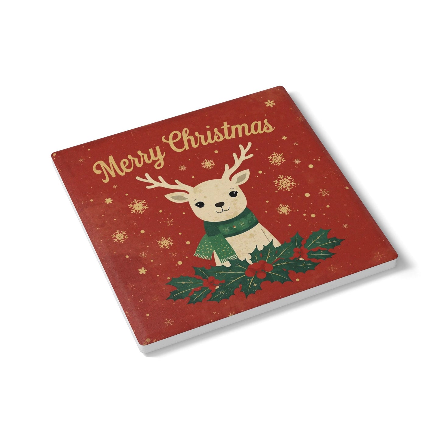 Ceramic Coaster — Merry Christmas Reindeer Holiday Drink Coaster