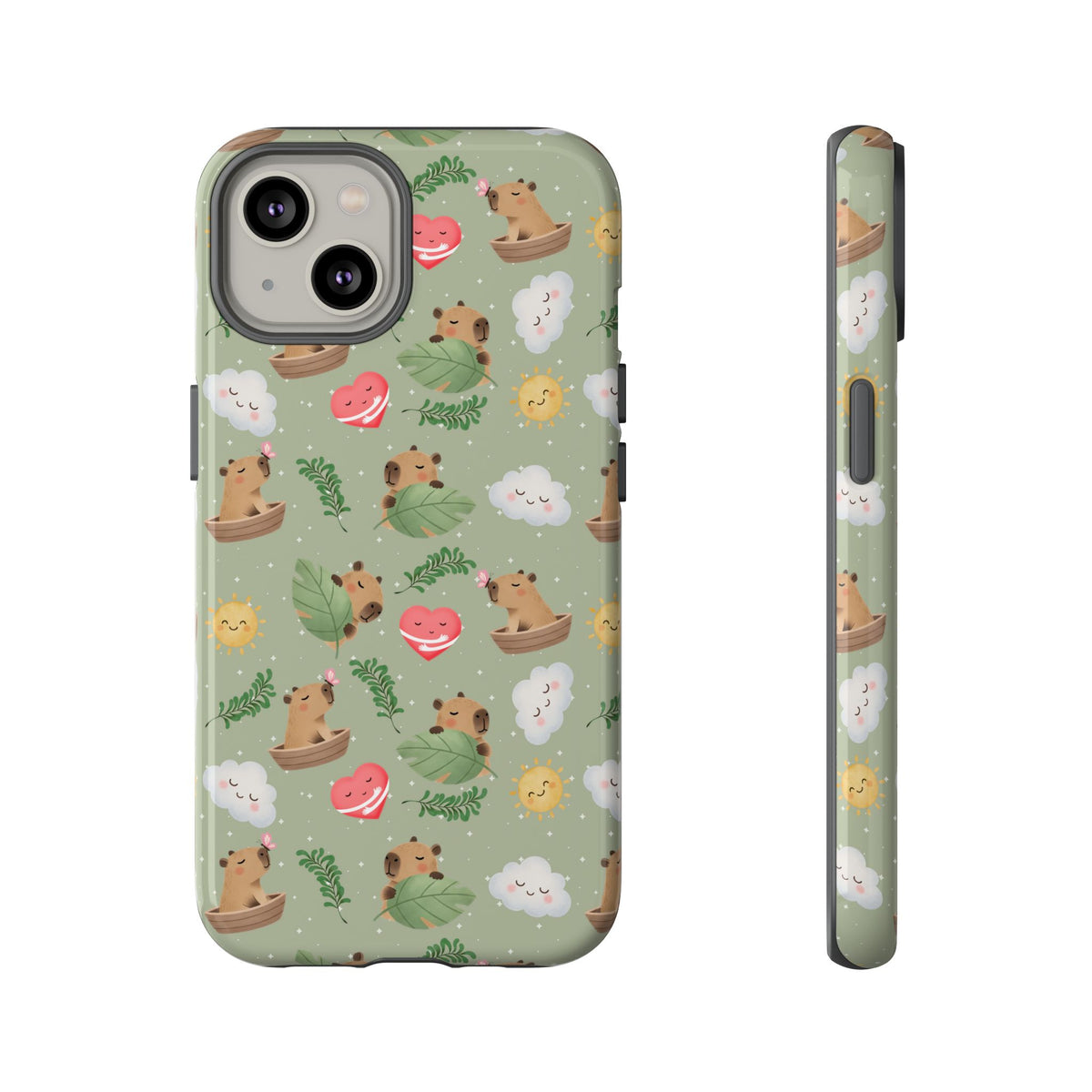 Cute Capybara Pattern Phone Case — Green Botanical Tough Case