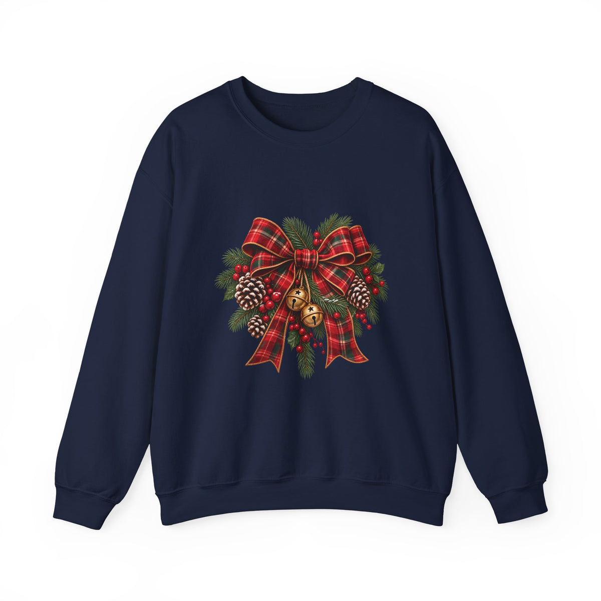 Christmas Plaid Bow Sweatshirt - Holiday Pinecone & Jingle Bells Crewneck