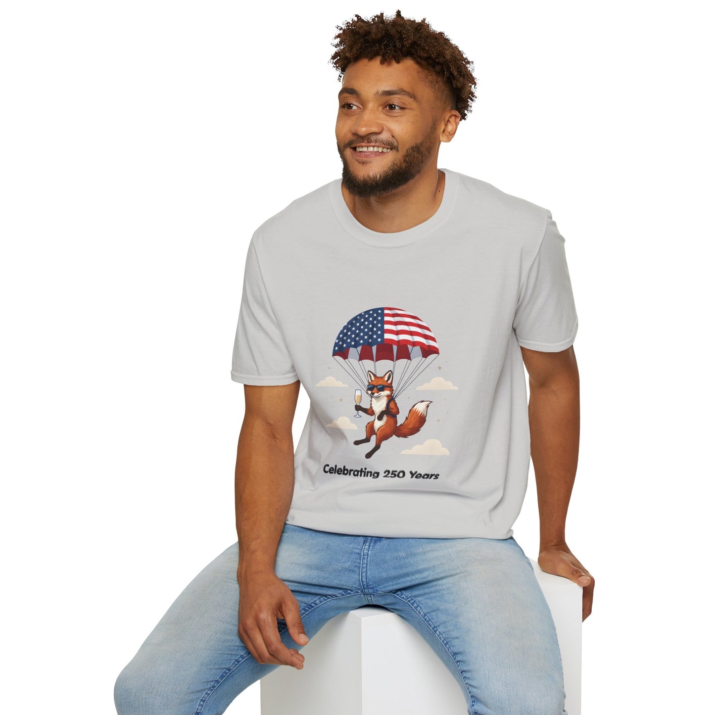 Patriotic Fox Parachute T-Shirt — "Celebrating 250 Years" Anniversary Tee