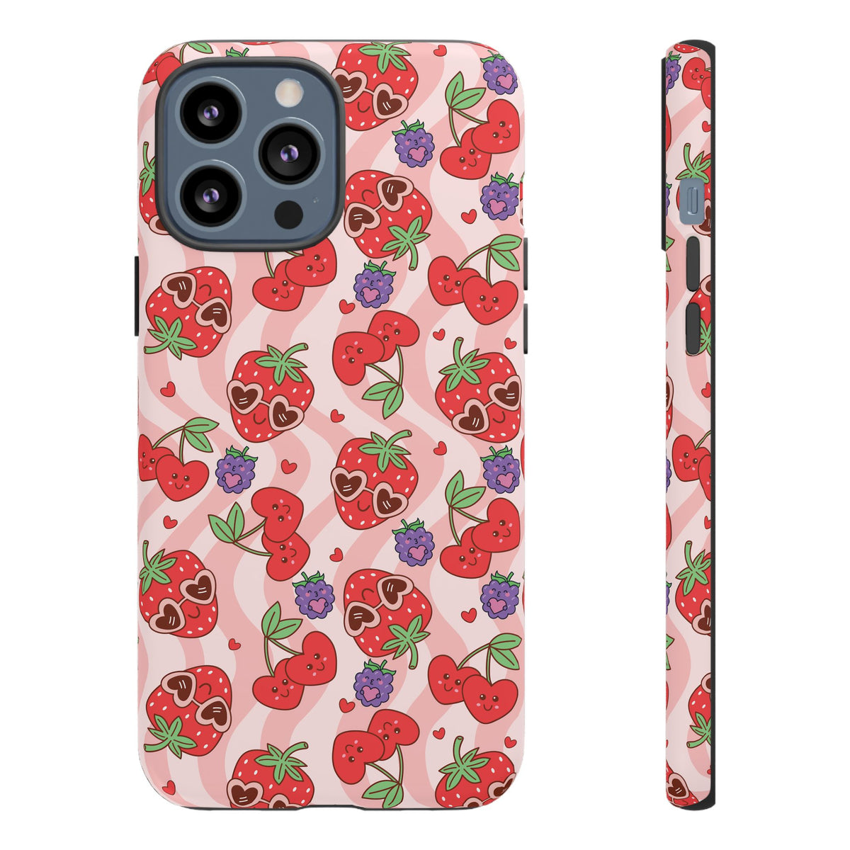 Cute Kawaii Strawberry & Cherry Phone Case — Pink Fruit Pattern Protective Case