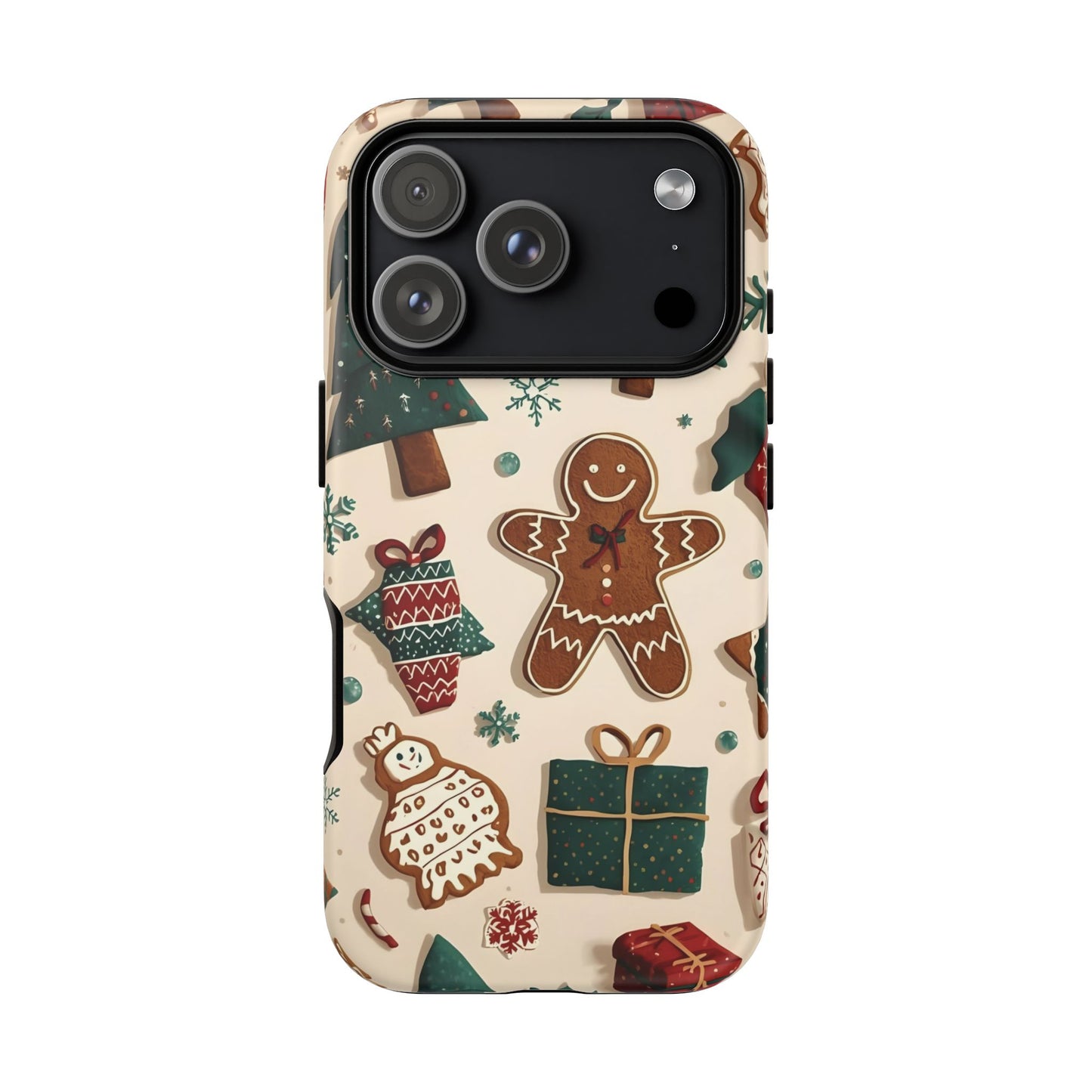 Christmas Phone Case with Gingerbread and Christmas Tree Design, Dual Layer Case for Iphone 17, 16, 15, 14, 13, 12, 11 & Samsung