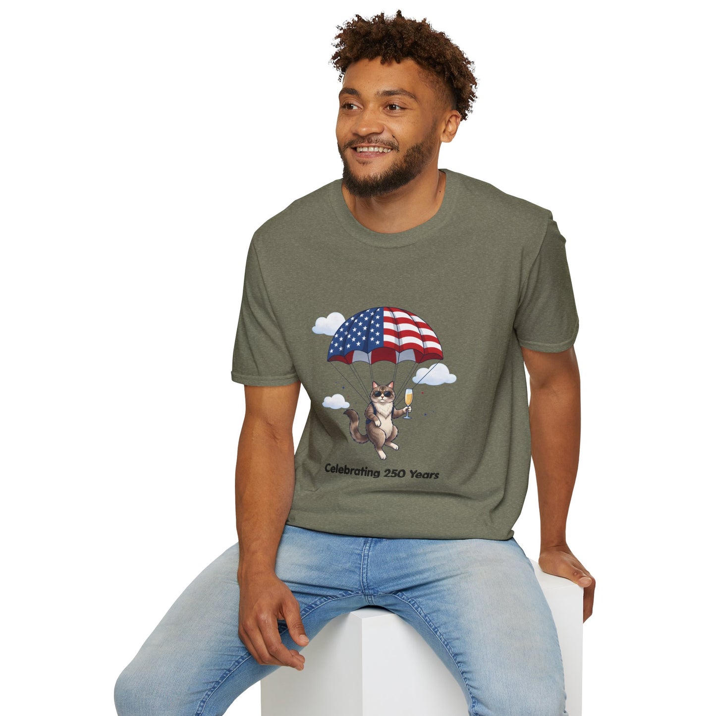 Patriotic Cat Parachute T-Shirt — "Celebrating 250 Years" 4th of July Tee